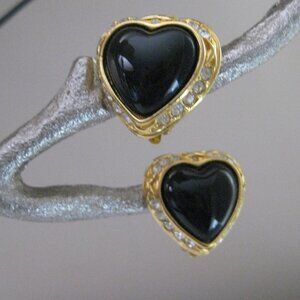Vintage Joan Rivers Heart Earrings Black Lucite & Clear Rhinestones Gold Tone